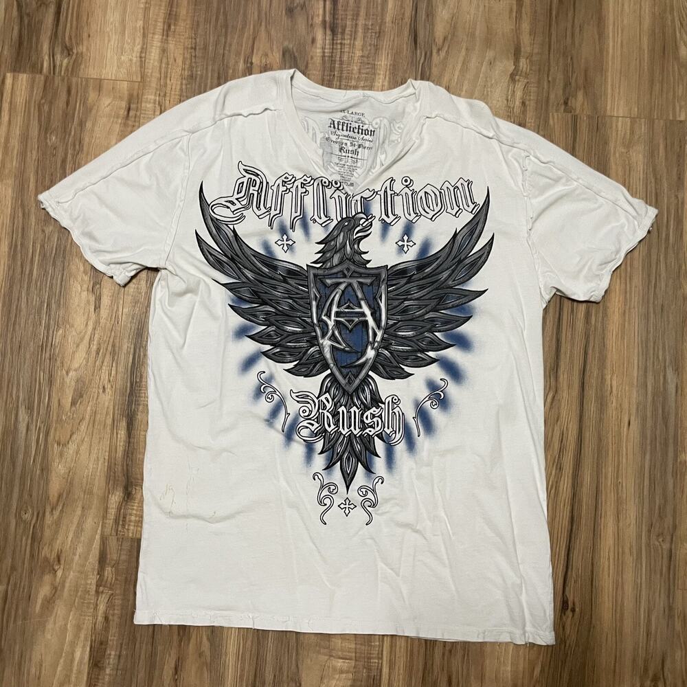 Affliction Signature Georges St Rush White T-Shirt Y2K Distressed Men 2XL STAINS